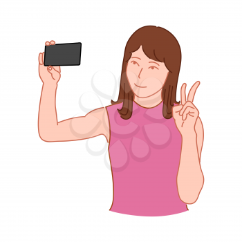 Girl with brown hair, smiling, posing, taking a selfie on smartphone. Hand drawn style doodle design illustration