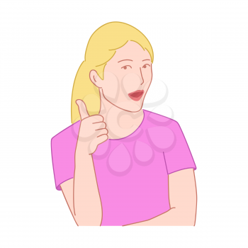 Surprised blond girl showing thumbs up. Like gesture concept. Hand drawn style doodle design illustration