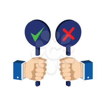 Hands with false and true signs. Flat Isometric Icon or Logo. 3D Style Pictogram for Web Design, UI, Mobile App, Infographic. Vector Illustration on white background.