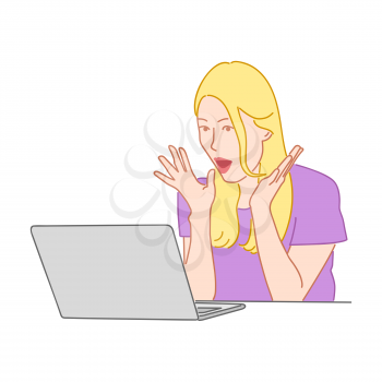 Surprised blond girl with open mouth looks in laptop computer. Amazed, excited or shocked facial expressions concept. Hand drawn style doodle design illustration
