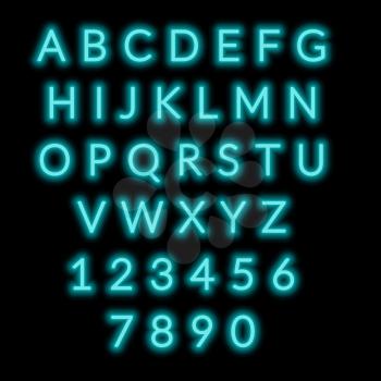 English alphabet and numbers. Neon style. Sea-green letters. 