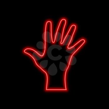 Open hand, palm neon sign. Bright glowing symbol on a black background. Neon style icon. 