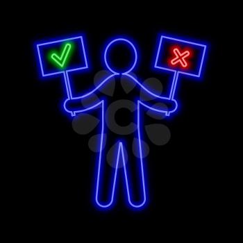 Man figure with approve and reject signs. Choice concept neon sign. Bright glowing symbol on a black background. Neon style icon. 