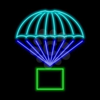 Parcel flying on parachute  neon sign. Bright glowing symbol on a black background. Neon style icon. 