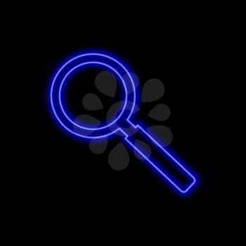 Magnifying glass neon sign. Bright glowing symbol on a black background. Neon style icon. 