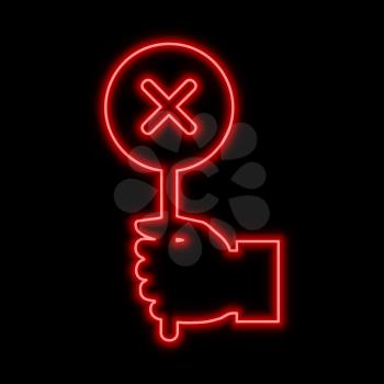 Hand with reject sign. Failure concept neon sign. Bright glowing symbol on a black background. Neon style icon. 