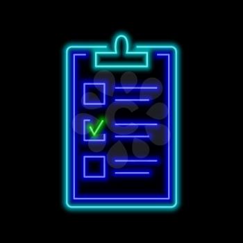 Clipboard with one checked box neon sign. Bright glowing symbol on a black background. Neon style icon. 
