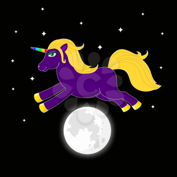 Night unicorn with multicolored horn jumping over moon. Cute fantasy animal. Dream symbol. Illustration for children