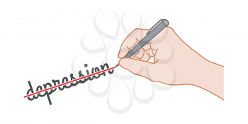 Hand with a pen crossed out the word depression. Hand drawn style illustration