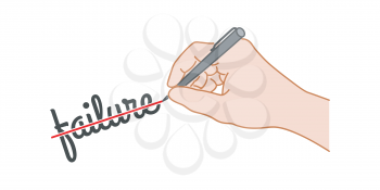 Hand with a pen crossed out the word failure. Hand drawn style illustration