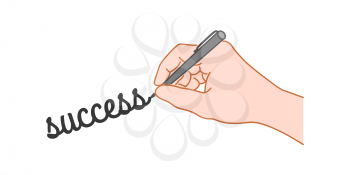Hand with a pen writing word success. Hand drawn style illustration