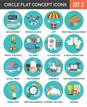 Circle Colorful Concept Icons. Flat Design. Set 2. Business, Finance, Education, Technology Symbols and Metaphors.