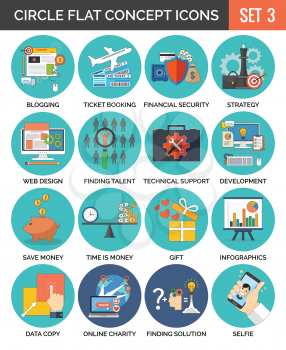 Circle Colorful Concept Icons. Flat Design. Set 3. Business, Finance, Education, Technology, Travel Symbols and Metaphors.