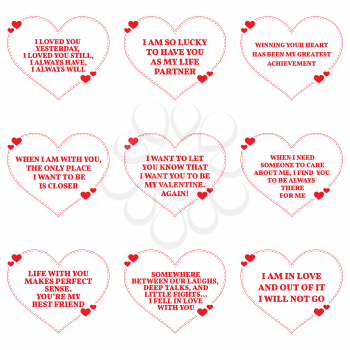 Set of love wishes quotes over white background. Simple heart shape design. Vector illustration