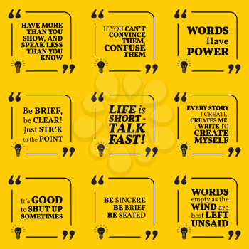 Set of motivational quotes about speech, words, talk, write and personal development. Simple note design typography poster. Vector illustration