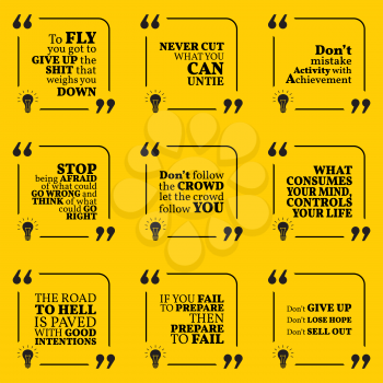 Set of motivational warning quotes about responsibility, activity, crowd, failure, giving up, losing, achievement and success. Simple note design typography poster. Vector illustration