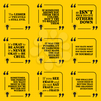 Set of motivational warning quotes about evil, darkness, hate, fraud and good deed. Simple note design typography poster. Vector illustration