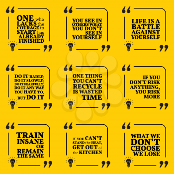 Set of motivational quotes about courage, responsibility, action, life, time, risk, training and achievement. Simple note design typography poster. Vector illustration