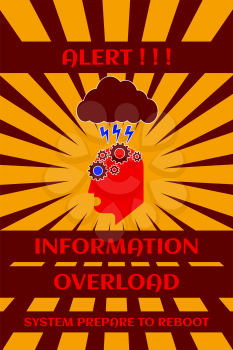 Fun cyberpunk poster. Alert!!! Information overload. System prepare to reboot. Over sunburst background
