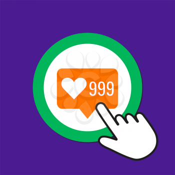 999 hearts icon. Like, sympathy concept. Hand Mouse Cursor Clicks the Button. Pointer Push Press