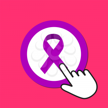 Purple ribbon icon. Cancer survivor concept. Hand Mouse Cursor Clicks the Button. Pointer Push Press
