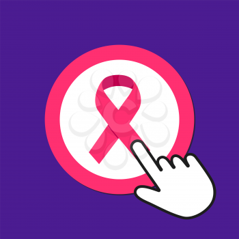 Pink ribbon icon. Breast cancer concept. Hand Mouse Cursor Clicks the Button. Pointer Push Press