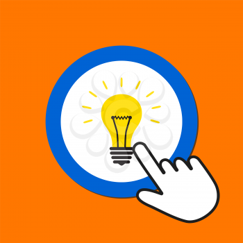 Lightbulb icon. Idea, solution concept. Hand Mouse Cursor Clicks the Button. Pointer Push Press