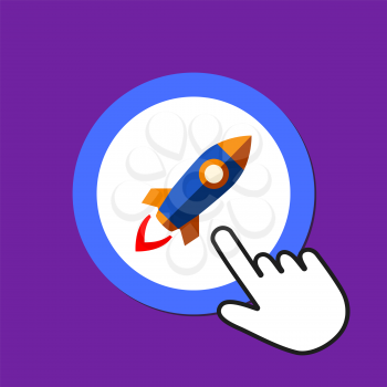 Space rocket icon. Launching, startup concept. Hand Mouse Cursor Clicks the Button. Pointer Push Press