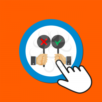 Hands holds approve and reject signs icon. Voting concept. Hand Mouse Cursor Clicks the Button. Pointer Push Press