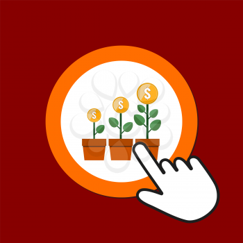 Coins tree icon. Growing investments concept. Hand Mouse Cursor Clicks the Button. Pointer Push Press