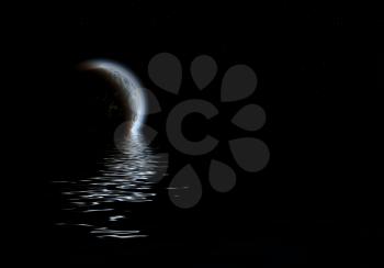 Mysterious planet in the night sky with a track on the water