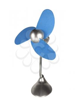 Portable fan with blue propeller isolated on white background