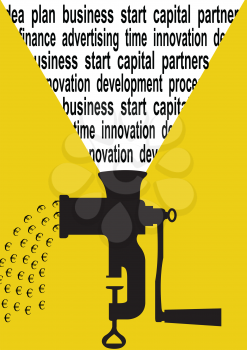 Business concept illustration of euro symbol, silhouette of mincing and words