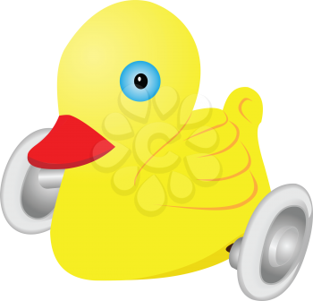 Illustration of a child's toy duck on wheels on a white background