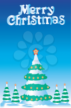 Greater christmas fur-tree and 4 small fur-trees on a dark blue background with asterisks on tops