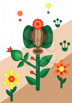 Illustration of abstract floral background with seeds on a striped background
