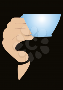 Hand with cup of tea on a dark background