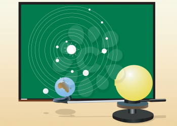 Illustration of school boards with the solar system and tellurion