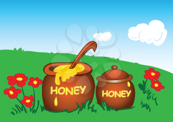 Illustration of pots of honey in a meadow with flowers