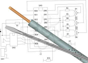 Illustration of the soldering iron and a screwdriver on the electronic circuit