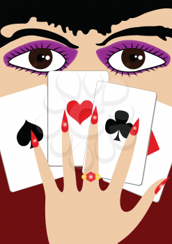 Illustration girl eye with a ring with playing cards