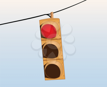 Illustration of a red traffic signal on the wire against the sky