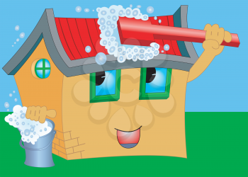 Illustration of a cartoon house with the washing brush and a bucket