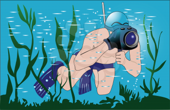 Swimmer underwater shoots underwater camera seabed 