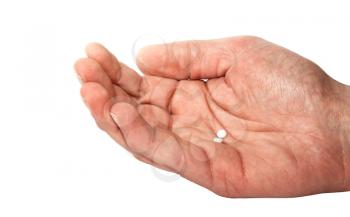 Hand with pills isolated on a white background