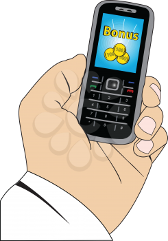 Illustration of a hand with a mobile phone and the inscription bonus