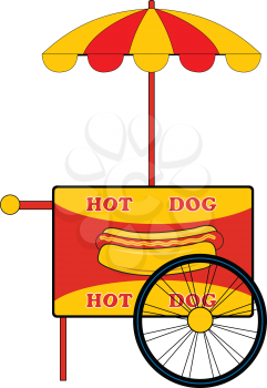 Illustration of a trolley with hotdogs and umbrella
