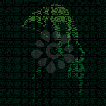 Illustration of silhouette of a hacker on a background of binary digits