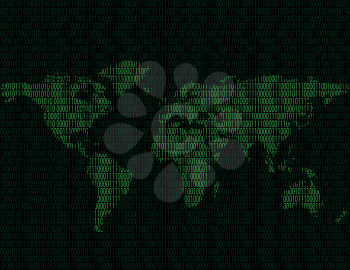 Illustration of  world map of binary digits on a dark background of binary digits