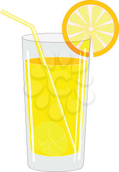 Illustration of a glass with a drink and ice cubes and a fruit and slice cocktail tube